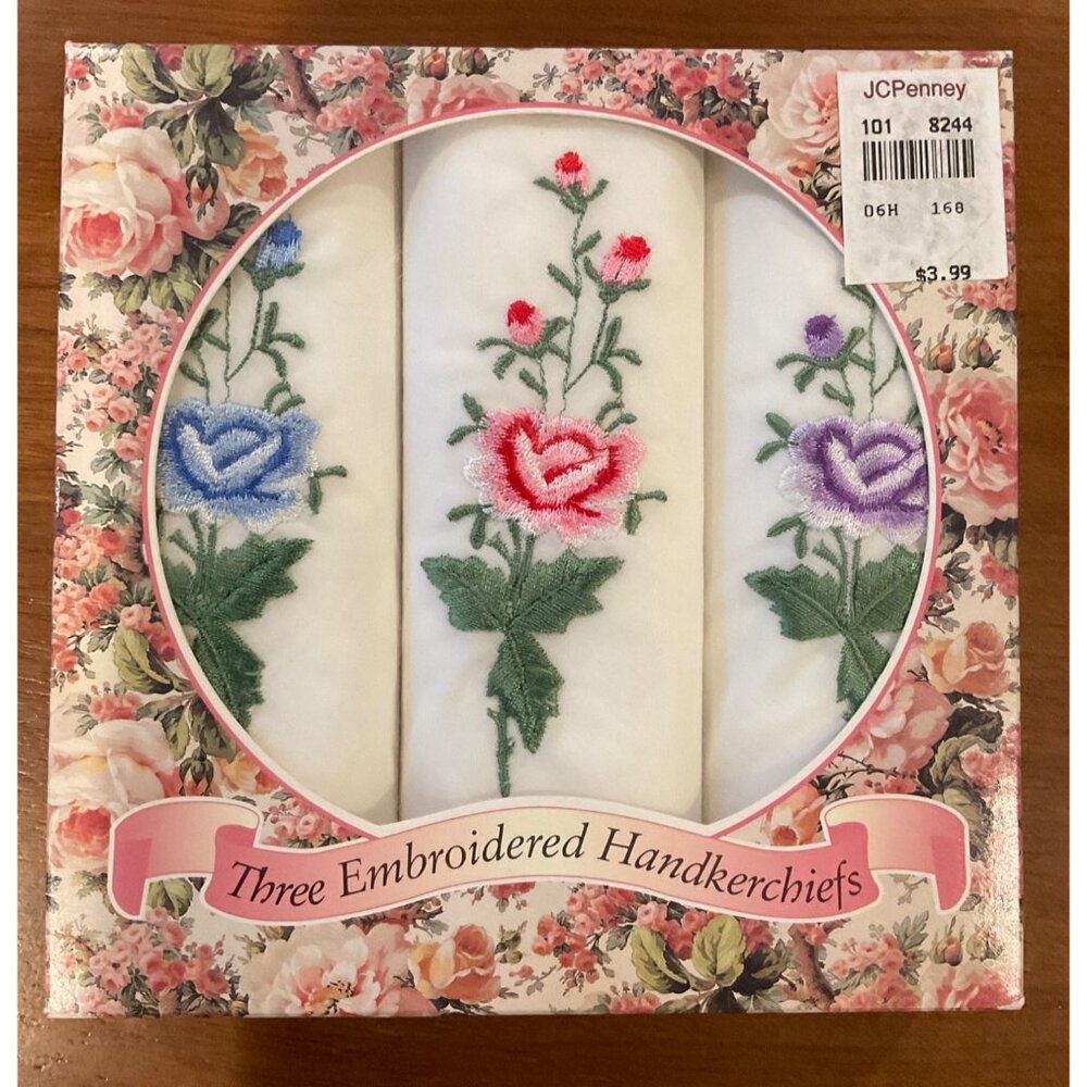 NIB Vintage JCPenney Gift Set of 3 Embroidered Floral White 11" Handkerchiefs - Picture 1 of 2